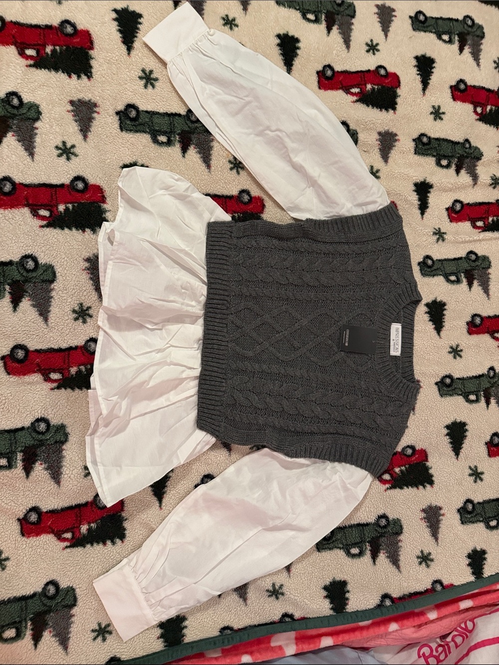 Impressions Gray Cable Knit Sweater Vest with White Puff Sleeve Blouse Layer